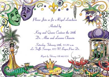 Mardi Gras Invitations, King Cake, Jester, Comedy Tragedy, Floats, Beads, King and Queen